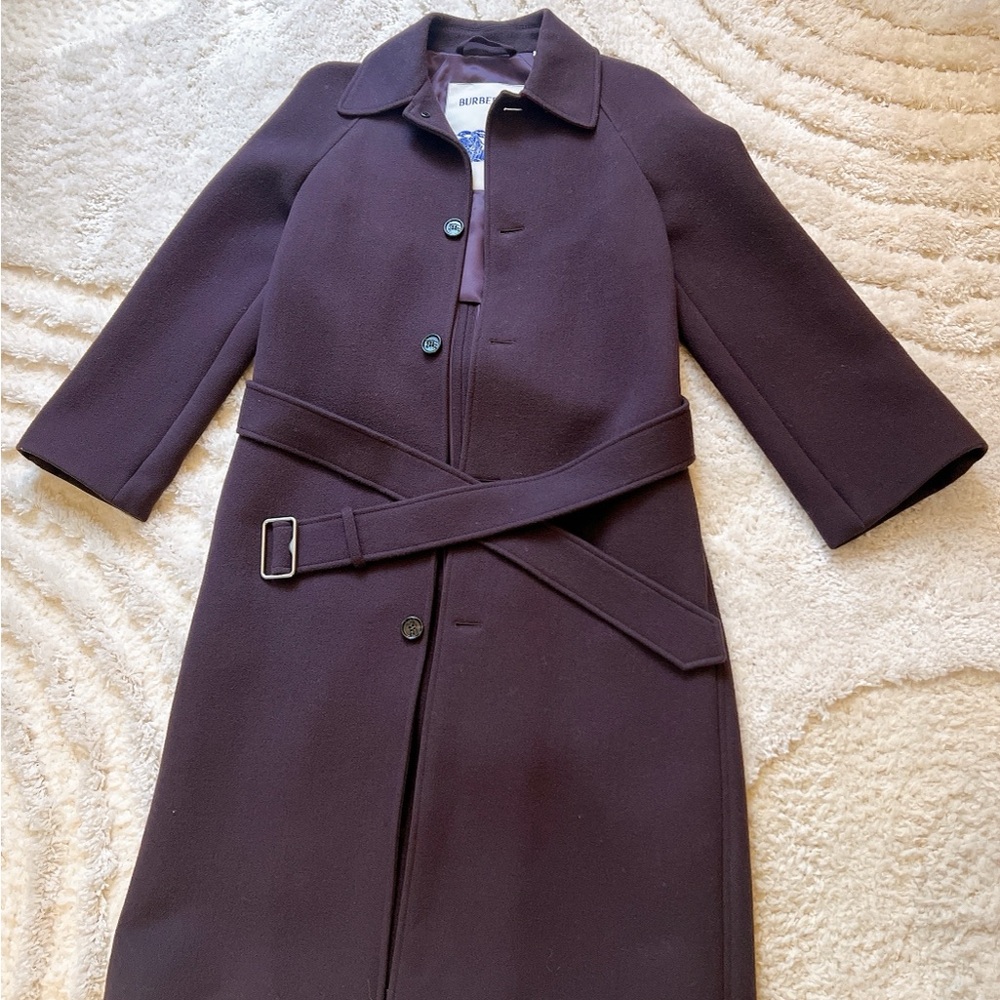 Burberry Purple Single-breasted Belted Wool Coat